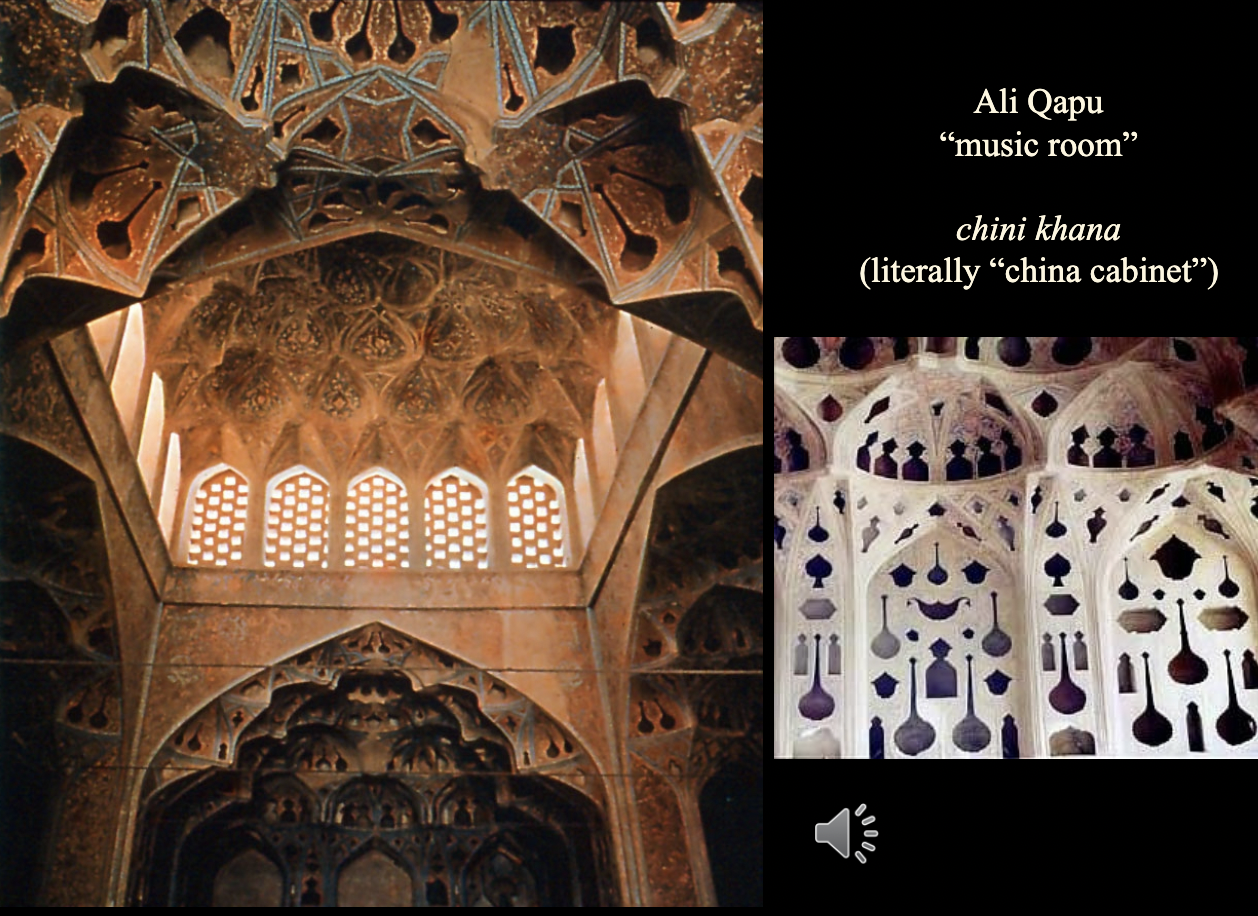 <p>Ali Qapu Pavillion, 16-17th century, Isfahan, Safavid</p><ul><li><p>Ali Qapu means “Sublime Portal</p></li><li><p>palace and gateway overlooking the Maydan</p></li><li><p>talar porch = hypostyle porch</p></li><li><p>no cohesive plan because it was constructed in stages</p></li><li><p>porch is the most notable feature, it was used for the Shah’s viewing of the Maydan</p></li><li><p>music room with muquarnas valut ceiling, chini khana added increased sonic reverance and a playful visual effect</p></li><li><p>wall murals</p></li></ul><img src="https://assets.knowt.com/user-attachments/cd103a4b-078a-4316-929d-f6985d4d55c9.png" data-width="75%" data-align="center"><p></p>