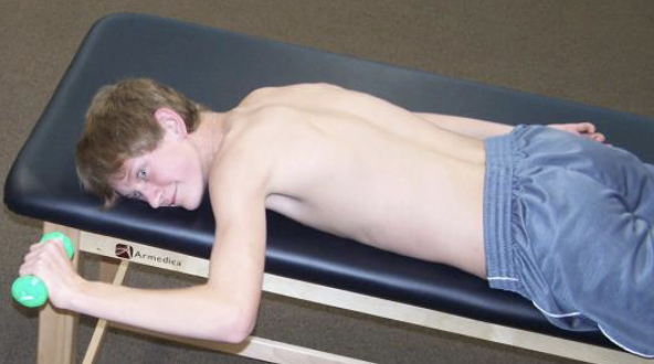 <p>With the subject in prone, the shoulder abducted to 90° and the elbow flexed to 90° and resistance applied at the wrist to end range external rotation.</p>