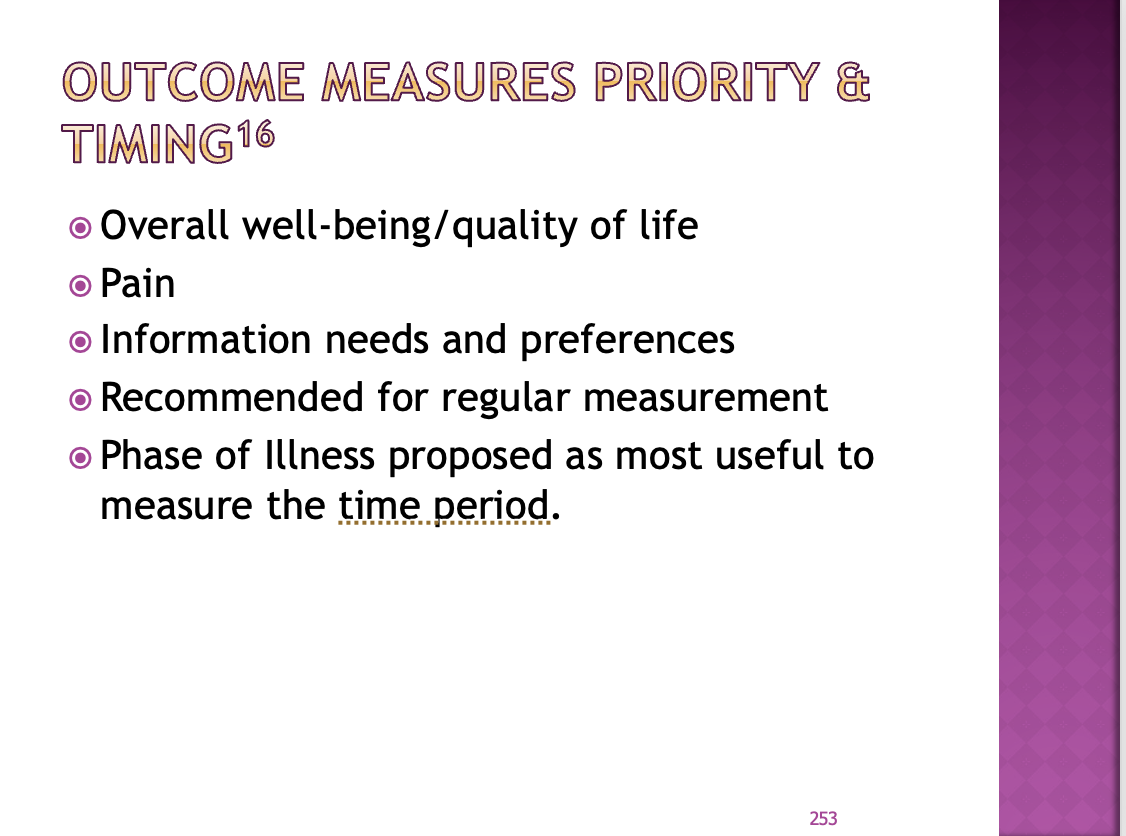 <p><span>Mainly looking at quality of life – pain, what is important to them</span></p><p style="text-align: left;"><span>Measure as you can</span></p>