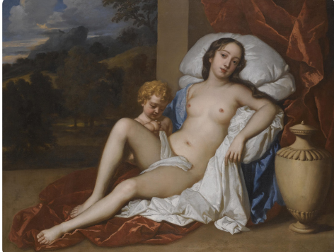 <p>schildert naakte vrouw die naar toeschouwer kijkt <em>(beger vind onderdanige blik)</em></p>