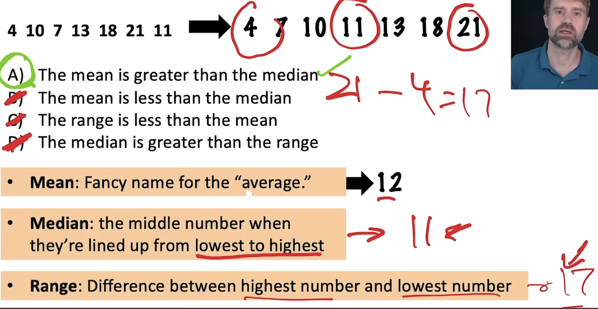 <p>Remember we first organize them by lowest to highest in order and we then start making the </p><p><span style="color: yellow;"><strong><u>mean</u></strong></span> add up all the numbers and divide by 7 </p><p><span style="color: yellow;"><strong><u>median</u></strong></span> is the middle number</p><p><span style="color: yellow;"><strong><u>range</u></strong></span> the biggest # minus the smallest # </p>