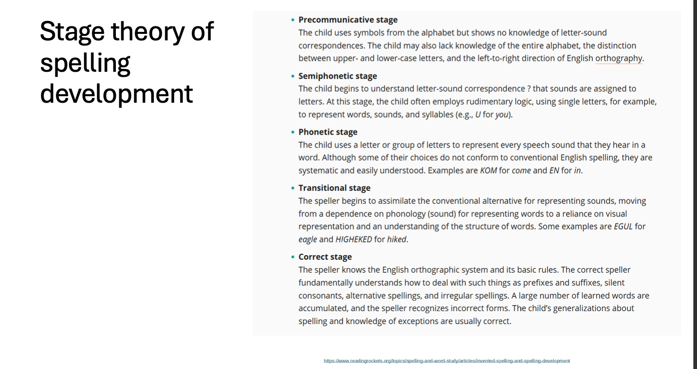 <ol><li><p>Precommunicative stage: child has some knowledge of alphabet but does not yet have sound-letter correspondence knowledge. </p></li><li><p>semi-phonemic stage: beginning to understand sound-letter correspondence (e..g, u for U). using single letters to represent words is one example. </p></li><li><p>phonetic stage: students begin to start spelling phonetically; aka are using letters to represents groups of sounds/all sounds they are hearing. invented spelling. </p></li><li><p>transitional phase: understand that not everything will be spelled phonetically and are devleoping that orthographic knowledge, may overapply some phonological rules (-ed endings, silent letters, etc) reliance on visual of letters and structure of words. (e.g., EGUL or HIGHKED) </p></li><li><p>Correct stage: solid understanding of orthographic knowledge, mastery of prefixes, suffixes, irregular spellings. </p></li></ol><p></p>