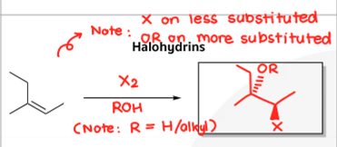 <p>X2, ROH, Anti-Markovnikov (OR on more substituted), anti-addition, no rearrangement</p>