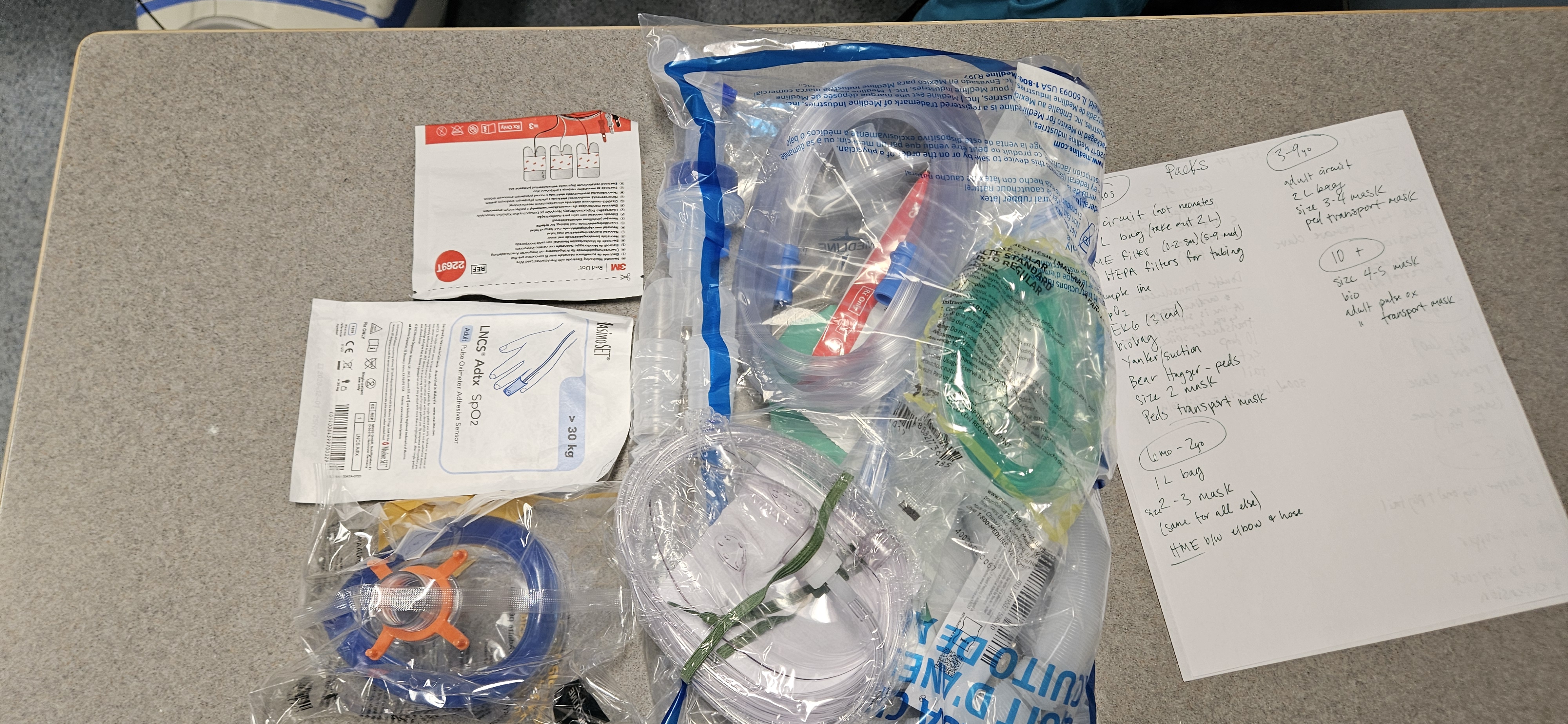 <p>Adult Circuit</p><p>Add Size 4 mask</p><p>Adult SpO2</p><p>Adult PulseOx</p><p>Adult transport mask</p><p>Biobag</p><p>Replace EKG for 3-Lead pads</p>