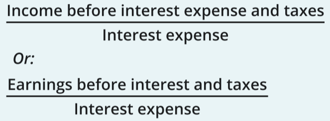 <p>[Income before Interest Expense &amp; Taxes] / [Interest Expense]</p><p>or</p><p>[Earnings before Interest &amp; Taxes] / [Interest Expense]</p><p></p><p>Reflects the ability of a company to cover interest charges. It uses income before interest and taxes to reflect the amount of income available to cover interest expense.</p>
