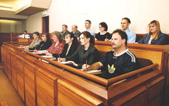 <p>a group of people sworn to abide by the laws to determine the truth</p>