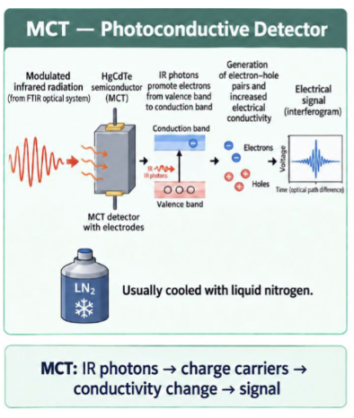 <p>semiconductor photon detector that responds directly to IR photons</p><ul><li><p>located in microscope of FTIR spectrometer</p></li></ul><p></p><p>1) IR photons enter semiconductor</p><p>2) photons with sufficient energy promote electrons across the material’s band gap</p><p>3) process generates mobile charge carriers (electrons and holes)</p><p>4) instrument measures conductivity as electrical signal</p><p></p><p><strong>Key characteristics of MCT detector</strong></p><ul><li><p>much faster and more sensitive than DTGS</p></li><li><p>well suited for microscopic samples and those producing weak signals</p></li><li><p>commonly used in FTIR microscopy</p></li><li><p>requires liquid-nitrogen cooling (takes 15 min to reach correct temp)</p></li><li><p>spectral range that depends on its specific chemical composition</p></li><li><p>can saturate more easily when exposed to intense radiation</p></li></ul><p></p>