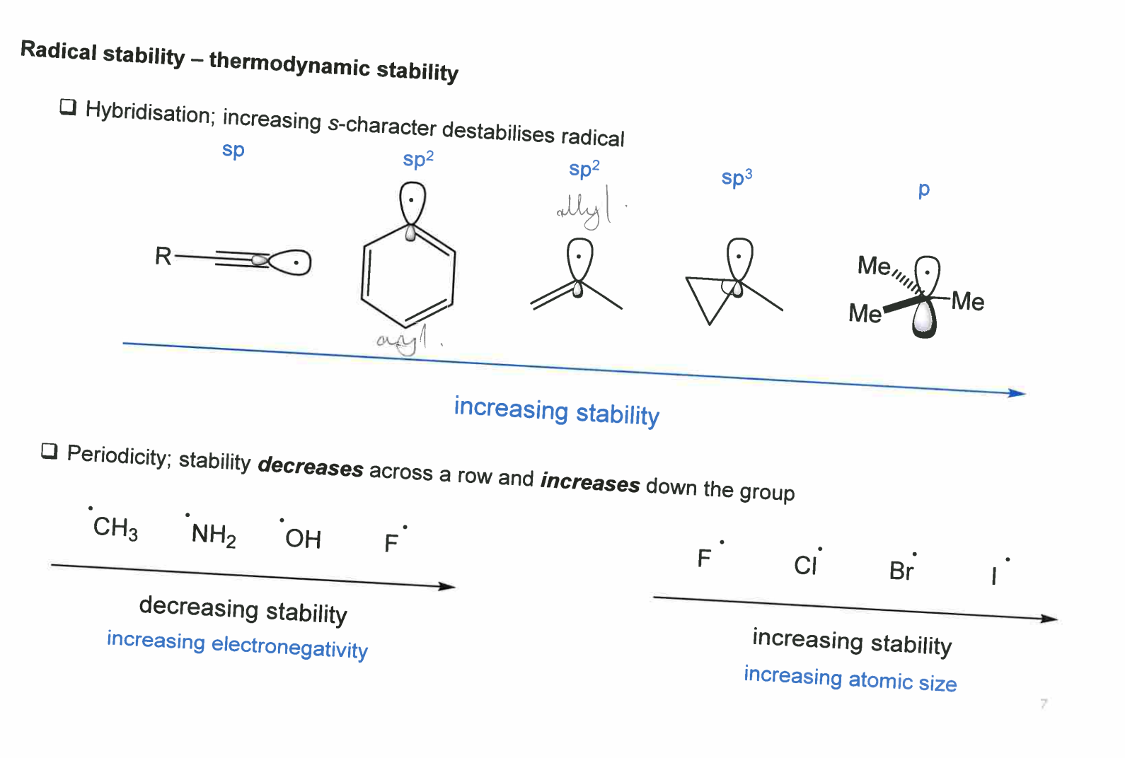 <ul><li><p><strong>Across a period:</strong> Stability <strong>decreases</strong> (electronegativity ↑).</p></li><li><p><strong>Down a group:</strong> Stability <strong>increases</strong> (atomic size ↑ spreads out the unpaired electron).</p></li></ul><p></p>