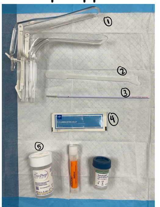 <p>Pap Smear</p><ul><li><p></p><p><strong>Supplies</strong>: 1)speculum 2)spatula 3) brush 4)lubricant 5)transport tube</p><p></p></li><li><p></p><p><strong>Patient Prep</strong>: Provide a gown; the patient undresses from the waist down.</p></li></ul><p></p>