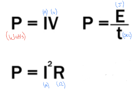<ul><li><p>Power = Energy/ Time </p></li><li><p>Power = p.d x current </p></li><li><p>Power = current² x resistance </p></li></ul><p></p>