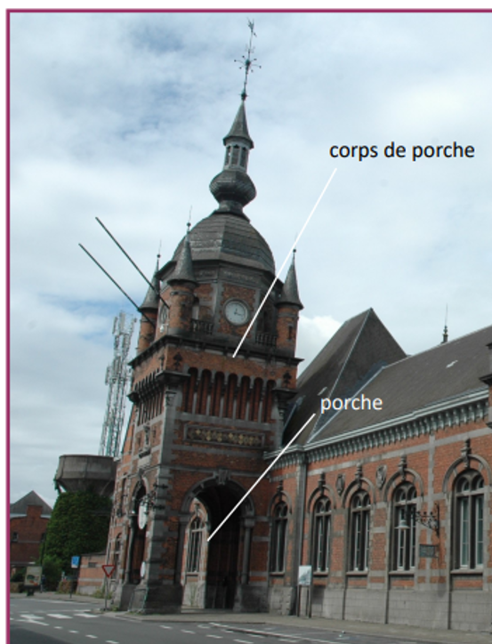 <ul><li><p><strong>Un porche :</strong> C'est une pièce située juste <strong>devant l'entrée</strong> d'un bâtiment. Sa caractéristique principale est d'être <strong>ouverte sur l'extérieur</strong>. Dans la plupart des cas, il est construit <strong>« hors œuvre »</strong>, ce qui signifie qu'il forme une petite structure ajoutée ou collée contre le mur principal du bâtiment.</p></li></ul><ul><li><p><strong>Un corps de porche :</strong> On utilise ce terme lorsque le porche n'est plus une simple petite avancée, mais qu'il est <strong>intégré dans un bloc de bâtiment qui comporte des étages</strong>. Dans ce cas, le porche est considéré comme étant <strong>« dans l'œuvre »</strong> de ce bloc.</p></li></ul><p><strong>L'exemple visuel des sources :</strong> Dans ton recueil, l'image de la <strong>gare d'Audenarde</strong> illustre parfaitement cette distinction :</p><ol type="1"><li><p>Le <strong>porche</strong> est l'ouverture voûtée par laquelle on entre.</p></li><li><p>Le <strong>corps de porche</strong> est toute la structure haute (qui ressemble ici à une tour avec une horloge) qui contient cette ouverture et qui s'élève sur plusieurs niveaux au-dessus du porche.</p></li></ol><p class="MsoNormal">En résumé, le porche est l'<strong>espace d'entrée ouvert</strong>, tandis que le corps de porche est le <strong>bloc complet du bâtiment</strong> (souvent avec des étages) qui abrite ce porche. Dans l'architecture religieuse, le porche peut aussi faire partie de ce qu'on appelle le « massif », situé à l'extrémité opposée au chœur.</p>