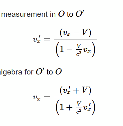 <p>V is the velocity of O’ IFR while v’/v is the velocity of an object not at rest relative to the observer, measured by O’ or O respectively</p>
