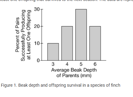 <p><span>Scientists investigated the role that beak depth plays in the ability of one species of seed-eating finch to reproduce. The scientists calculated the average beak depth of finches in mating pairs and then observed whether or not the pairs produced at least one offspring that survived to the next season. The data are represented in Figure 1.</span></p><p>Based on the data in Figure 1, which of the following best describes the concept illustrated?</p><p><strong>A) </strong>Parental pairs with a specific beak depth had the highest reproductive fitness.</p><p><strong>B) </strong>Parental pairs with a specific beak depth ate the most nutritious seeds.</p><p><strong>C) </strong>Finches with a certain beak depth rarely find mates.</p><p><strong>D) </strong>Increasing average beak depth results in increasing finch fitness.</p>