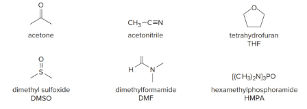 <p>-No hydrogen bonding</p><p>-<span style="background-color: transparent;">No H-bonds to Nu-, so they are more “naked” and more nucleophilic&nbsp;</span></p>