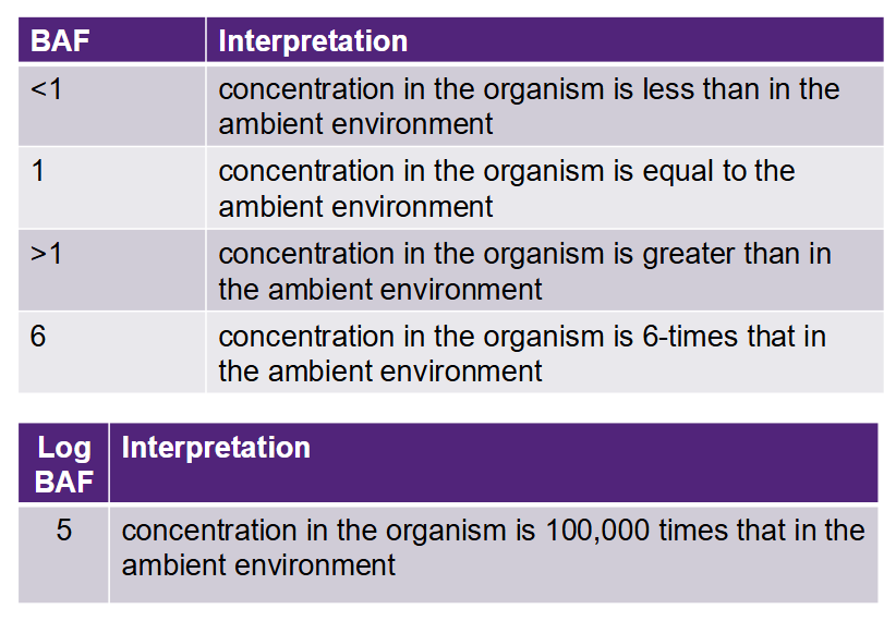 <p>The ratio of a chemical in the organism to the concentration in ambient environment once equilibrium has been reached or after a specified duration:</p><p>BAF = C<sub>organism</sub>/C<sub>ambient</sub></p><p></p><p><span style="color: rgb(255, 0, 0);">*</span>BAF values are often large and presented as log BAF values</p>