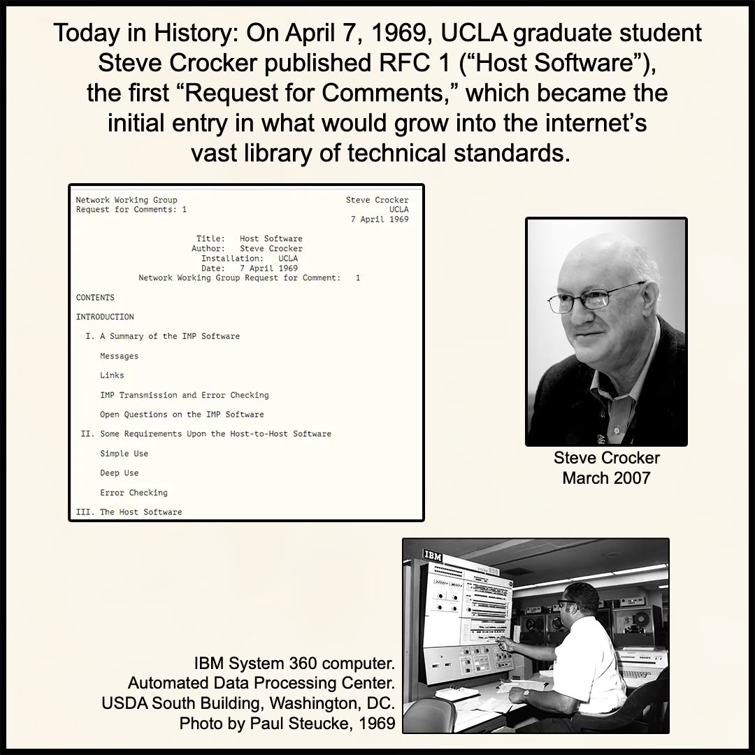 <p>It was written in 1969 by a 25 year old graduate student, and called RFC-1.</p>