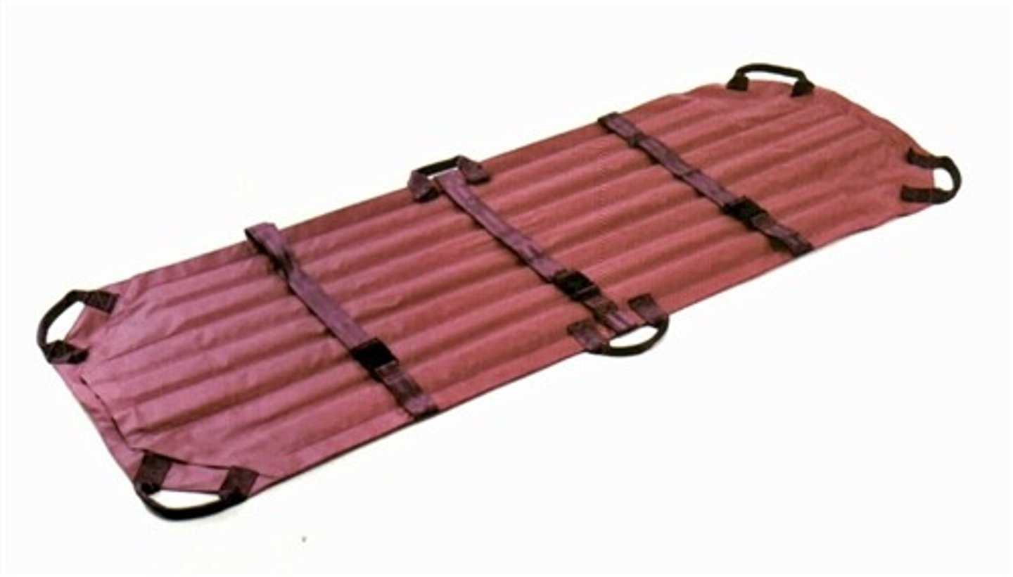 <p>stretcher that is a ridged carrying device when secured around a patient but can be folded or rolled when not in use</p>