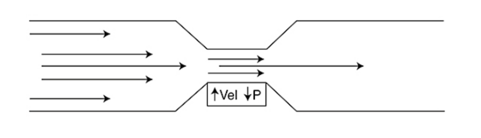 <p>flow through a temporary constriction in a tube</p><p>VELOCITY ↑</p><p>PRESSURE E (pressure must drop if velocity ↑ d/t the <span style="color: red;">conservation of energy law</span>)</p><ul><li><p>Must always be inversely proportional!!!</p></li></ul><p></p><p><em>Doesn’t account for friction & assumes no change in density or flow rate</em></p>