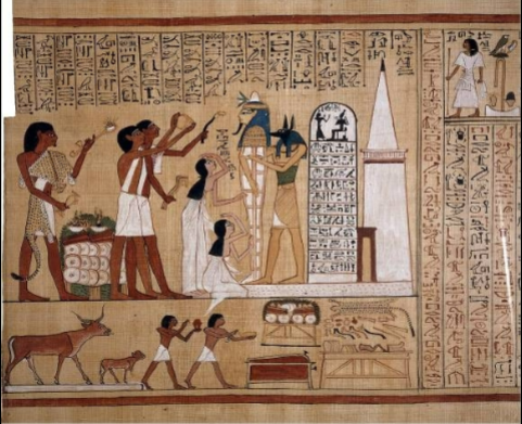 <p>Before interment, the mummy in its coffin is stood up outside the mastaba tomb and the ‘opening the mouth’ ceremony takes place. This allows the soul to re-enter the mummy and permits the soul to eat and drink.</p>