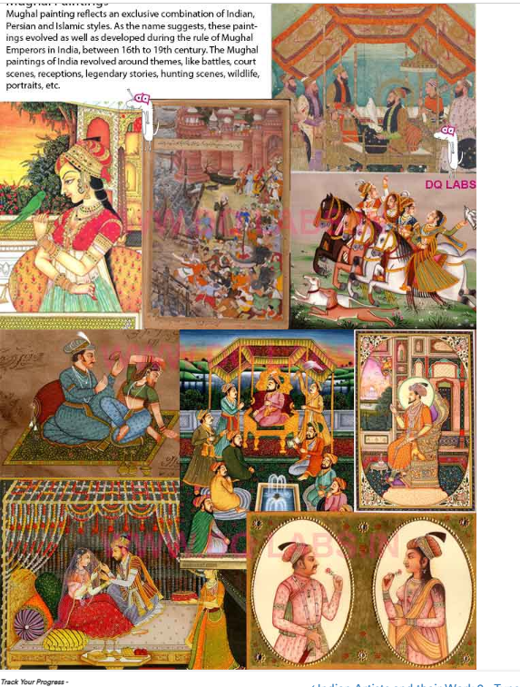 <p>Combination of indian, persian, and islamic styles. These paintings evolved during the rule of the Mughal emperors in India (16th-19th century), paintings revolving around themes of battles, court scenes, receptions, legendary stories, wildlife, portraits, etc. </p>