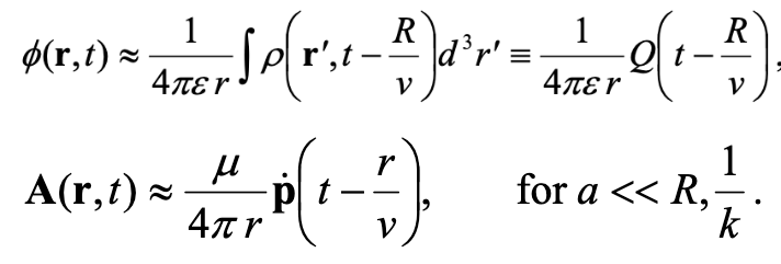 <p>R also becomes approximately r - <strong>r’</strong> dot <strong>n</strong> where <strong>n</strong> is the unit vector directed toward the observation point</p>