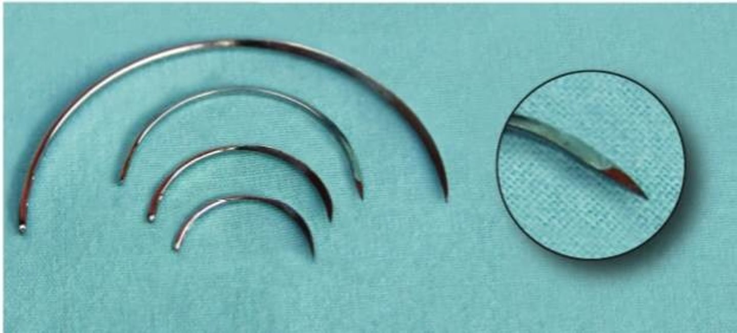 <p>-form a cutting edge on 3 sides</p><p>-triangular body w a sharp edge on each side &amp; a third cutting edge on the inside or outside</p><p>-ideal for skin, sclera, &amp; tendons</p><p>-must pass through dense, irregular, and thick dermal tissue</p>