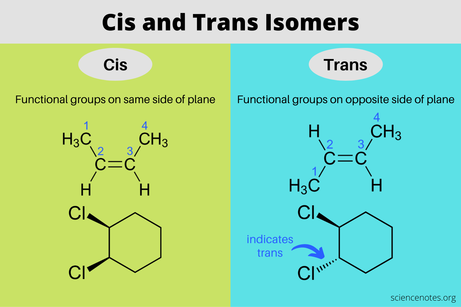 <p><strong>cis </strong>(functional groups on same side of alkene) vs <strong>trans </strong>(opposite sides)</p><p>each sp² has only 1 H and a diff. group</p><ul><li><p>used when there are common substituents on adj. C’s</p></li></ul><p></p>