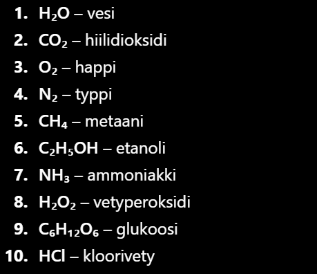 <p>Se on kahden tai useamman kovalenttisesti toisiinsa sitoutuneet atomin muodostuma rakenne. Esim vesi etanoli ja metaani.</p>