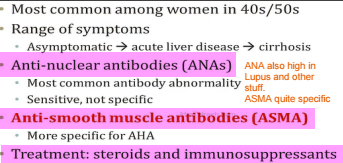 <p><strong><u>Serology</u></strong>: ⊕ for anti-smooth muscle or anti-liver/kidney microsomal-1 antibodies</p><p><strong><u>Labs</u></strong>: Very high ALT and AST. </p>