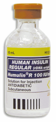<p>Humulin R, Novolin R</p><p>Antidiabetic Agent; Insulin</p><p>Indication(s): Hyperglycemia, diabetic ketoacidosis (DKA), hyperosmolar hyperglycemic state (HHS), hyperkalemia (administer with dextrose unless blood glucose is elevated)</p><p>Warning(s): High-alert medication; verify insulin type, concentration, dose, and route.</p><p>Monitor: Blood glucose and potassium</p><p>Side effect(s): Hypoglycemia, hypokalemia.</p>
