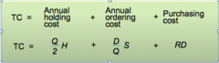<p>(average inventory level) * Holding cost per unit per year</p><p>Holding Cost= order quantity divided by 2 times holding cost</p>