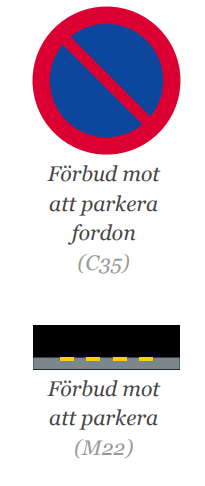 <ul><li><p>Där det är förbjudet att stanna är det alltid förbjudet att parkera.</p></li></ul><ul><li><p>Där skylten Förbud mot att parkera fordon sitter.</p></li><li><p>Vid en gul streckad linje.</p></li><li><p>Inom 30 meter före och efter järnvägs- eller spårvägskorsning.</p></li><li><p>Så att fordonet står mot färdriktningen (fel sida av vägen).</p></li><li><p>På huvudled.</p></li><li><p>Undantag: Gäller inte om P-skylt finns.</p></li><li><p>Så att du blockerar någons utfart.</p></li><li><p>Utanför ett annat fordon eller hinder (dubbelparkering).</p></li><li><p>Undantag: Gäller inte om du parkerar bredvid en cykel, moped eller motorcykel (tvåhjuliga fordon).</p></li><li><p>Så att något hjul är utanför en parkeringsruta eller liknande anvisningslinje.</p></li><li><p>På en mötesplats (M-skylt, vägmärke E18).</p></li></ul><p></p>