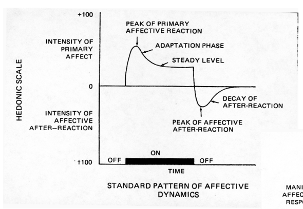 <p>taking drugs to counteract negative effects (reach homeostasis - maintain balance)</p><ul><li><p>drug gets you high → when it stops → give you the full drop/opposite effect → cycle </p></li></ul><p></p>