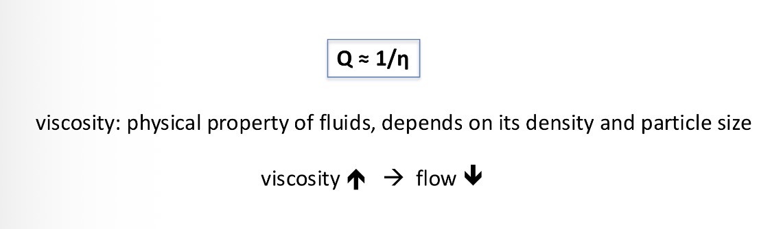 <p>Viscosity - physical property of fluids, depends on its density and particle size</p><p>Higher density means lower flow</p>