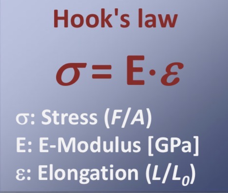 <p>Sigma = stress</p><p>E = Young’s / elastic modulus (stiffness = rigidité)</p><p>Epsilon = strain (elongation)</p><p></p><p><strong>→ only applies in the elastic region</strong></p>