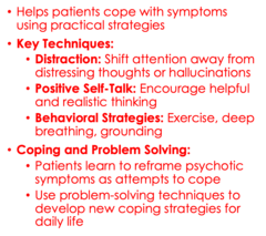 <p>key techniques:</p><p>-distraction, positive self talk, behavioral strategies</p><p>-coping & problem solving</p>
