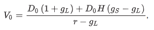 <p><span>growth begins at a high rate and declines linearly throughout the supernormal growth period until it reaches a normal rate at the end</span></p><ul><li><p><em>H</em> = half-life in years of the high-growth period (i.e., high-growth period = 2<em>H</em> years)</p></li><li><p><em>g<sub>S</sub></em> = initial short-term dividend growth rate</p></li><li><p><em>g<sub>L</sub></em> = normal long-term dividend growth rate after Year 2<em>H</em></p></li></ul><p></p>