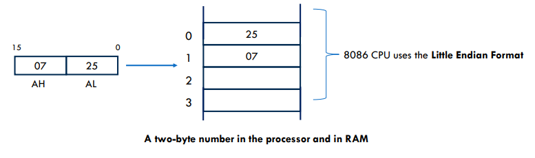 <ul><li><p>A processor may access one or more bytes of memory at a time.</p><ul><li><p>Consider a hexadecimal number 0725H. (Requires 16-bits (2 bytes) of memory.)</p></li><li><p>The high-order (most significant) byte is 07</p></li><li><p>The low-order (least significant) byte is 25</p></li></ul></li><li><p>Processor stores data in reverse-byte sequence</p><ul><li><p>The low-order byte is stored in low memory address</p></li><li><p>The high-order byte in high memory address.</p></li></ul></li><li><p>So, if processor brings the value 0725H from register to memory, it will transfer 25 first to the lower memory address and 07 to the next memory address.</p></li></ul><p></p>