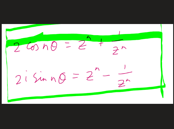 <ul><li><p>use this in de moivres theorem - in binomial expansion </p></li></ul><p></p>