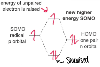 <p>Radicals adjacent to an electron donating group, therefore having a higher energy SOMO. This means they are more willing to give up an electron than accept one.</p><ul><li><p>Although the energy of the u.p.e is raised, the two electrons in the lower MO are stabilised.</p></li><li><p>These groups include +I and +M groups.</p></li></ul><p></p>
