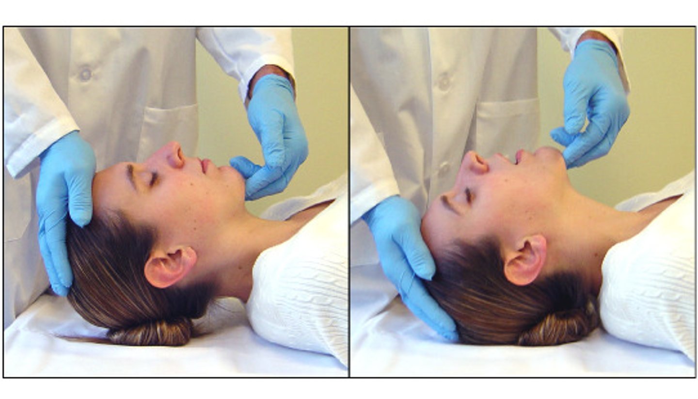 <p>-jaw thrust: to open the airway of an unconscious patient with a suspected head, neck, or spine injury or unknown mechanism of injury</p><p>-head-tilt, chin-lift: uses head position to align the structures of the airway; use when head, neck, spine injury not suspected</p>