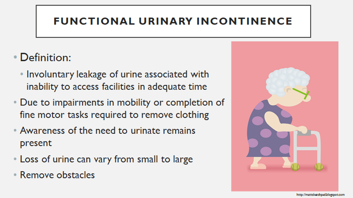 <p>physiology is normal, but underlying disease (ex: dementia, immobile) prevents reaching toilet in time</p><p>risk factors: cognitive impairment, musculoskeletal limitations</p>