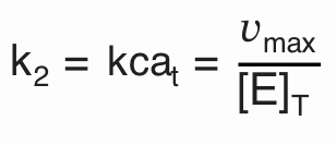 <p>Number of substrate molecules that an enzyme can convert into product per unit time (units of s<sup>-1</sup>), measured when enzyme is fully saturated and if the concentration of enzyme is knows</p><p>K<sub>2 </sub> = Kcat = vmax/[E]T, </p><p>ES → E + P </p><p>Vmax depends on how much enzyme you have, kcat REMOVES that effect, so… it tells you how fast ONE enzyme works</p>