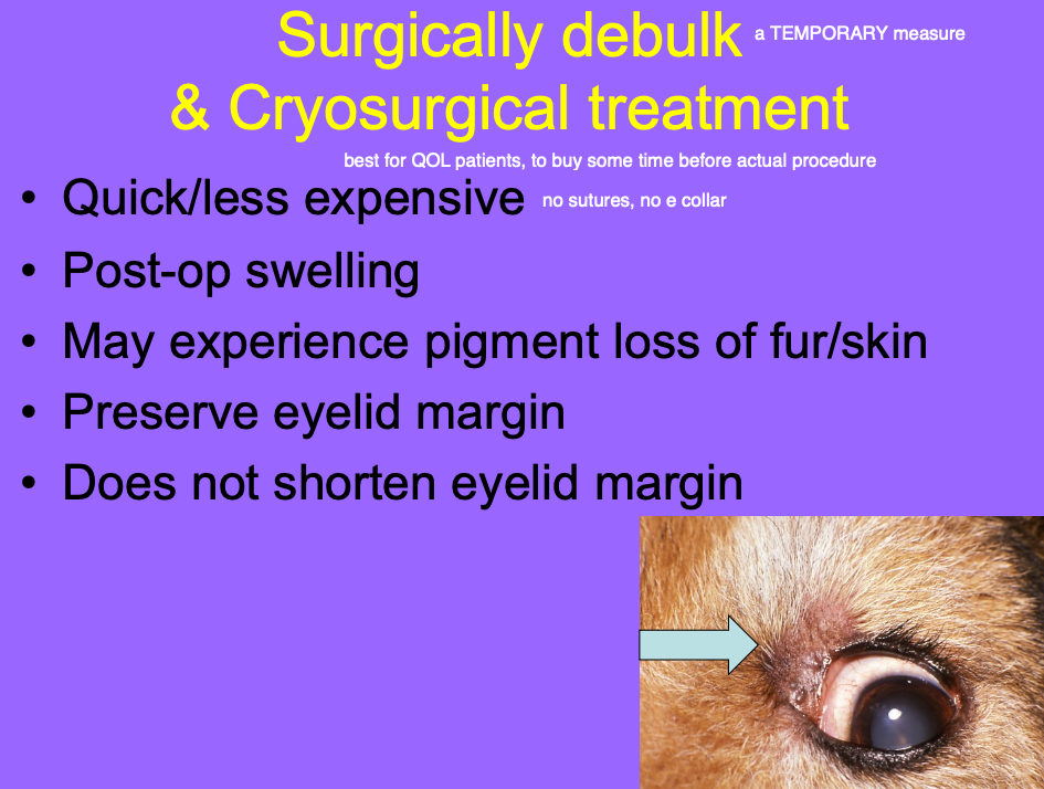 <p>will preserve and does not shorten eyelid margin.</p><p>may have pigment loss of fur/skin </p>