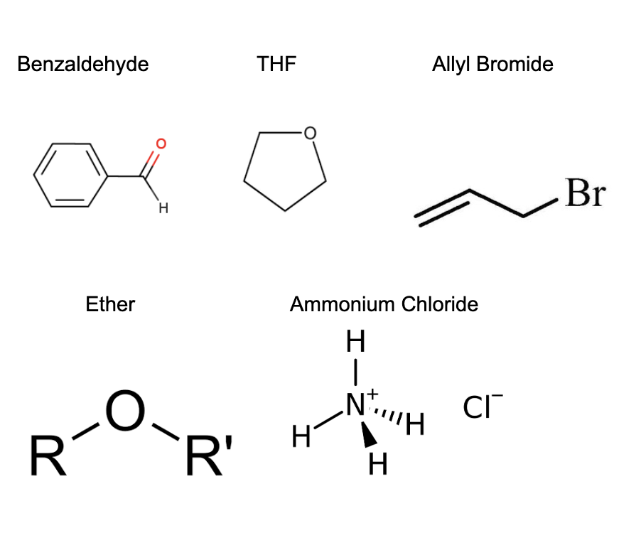 <ol><li><p>Benzaldehyde</p></li><li><p>THF</p></li><li><p>Allyl Bromide</p></li><li><p>Ammonium Chloride</p></li><li><p>Zinc</p></li><li><p>Ether</p></li></ol><p></p>