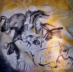 <p>Paintings discovered in the Chauvet caves of France. Dated to the Old Stone Age/Upper Paleolithic period. They were created with red ochre + black charcoal and depict animals such as horses, rhinos, and lions.</p>