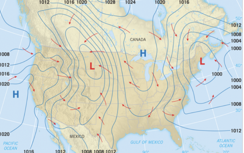 <p>Pressure is represented on a surface map by _________</p>