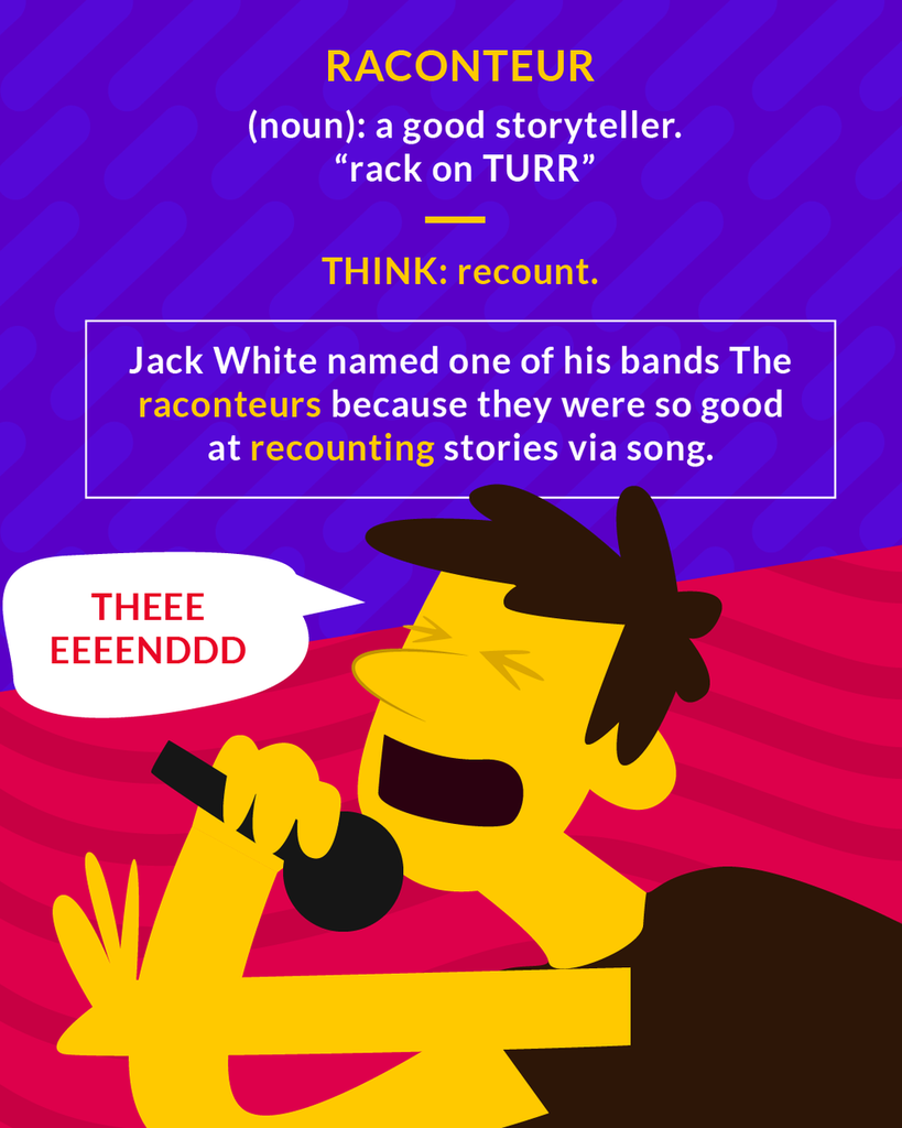 <p>witty, skillful storyteller</p><p>(noun) good storyteller</p>