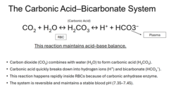 <p>CO2 + water ↔ carbonic acid ↔ H+ ions + HCO3-</p><p> *reaction aided by the enzyme carbonic anhydrase</p>
