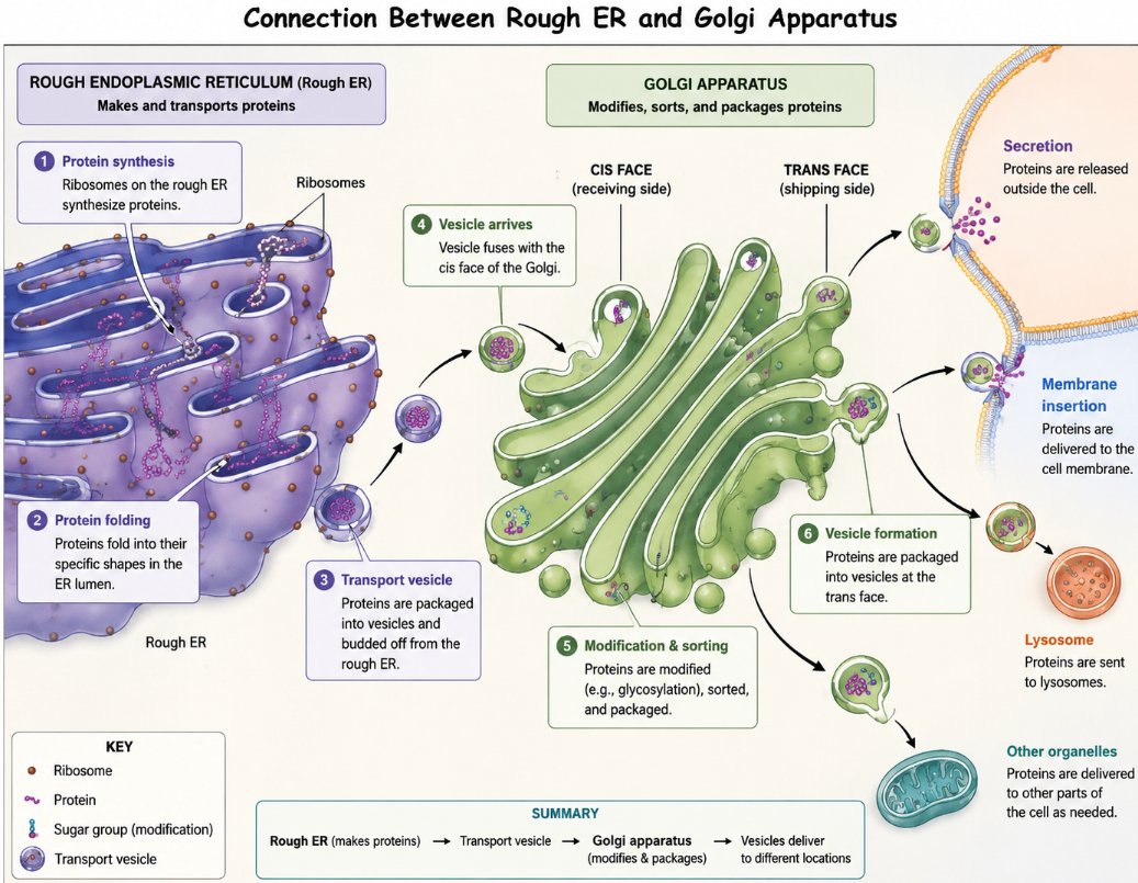 <p>what happens in rough er:</p><p>ribosomes on rough er make protien - protein folded - protien transferred to golgi apparatus</p><p>(home of protien factories)</p><p>what happens in golgi apparatus:</p><p>protiens modified ,sorted , packaged </p><p>(shipping center)</p>